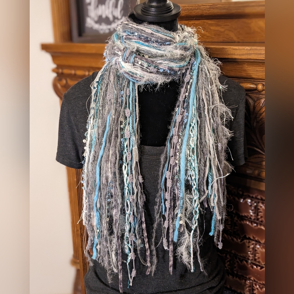 SOLD Fringe Scarf Blue Aqua Turquoise Silver Gray White Boho Vibes New - Picture 2 of 5